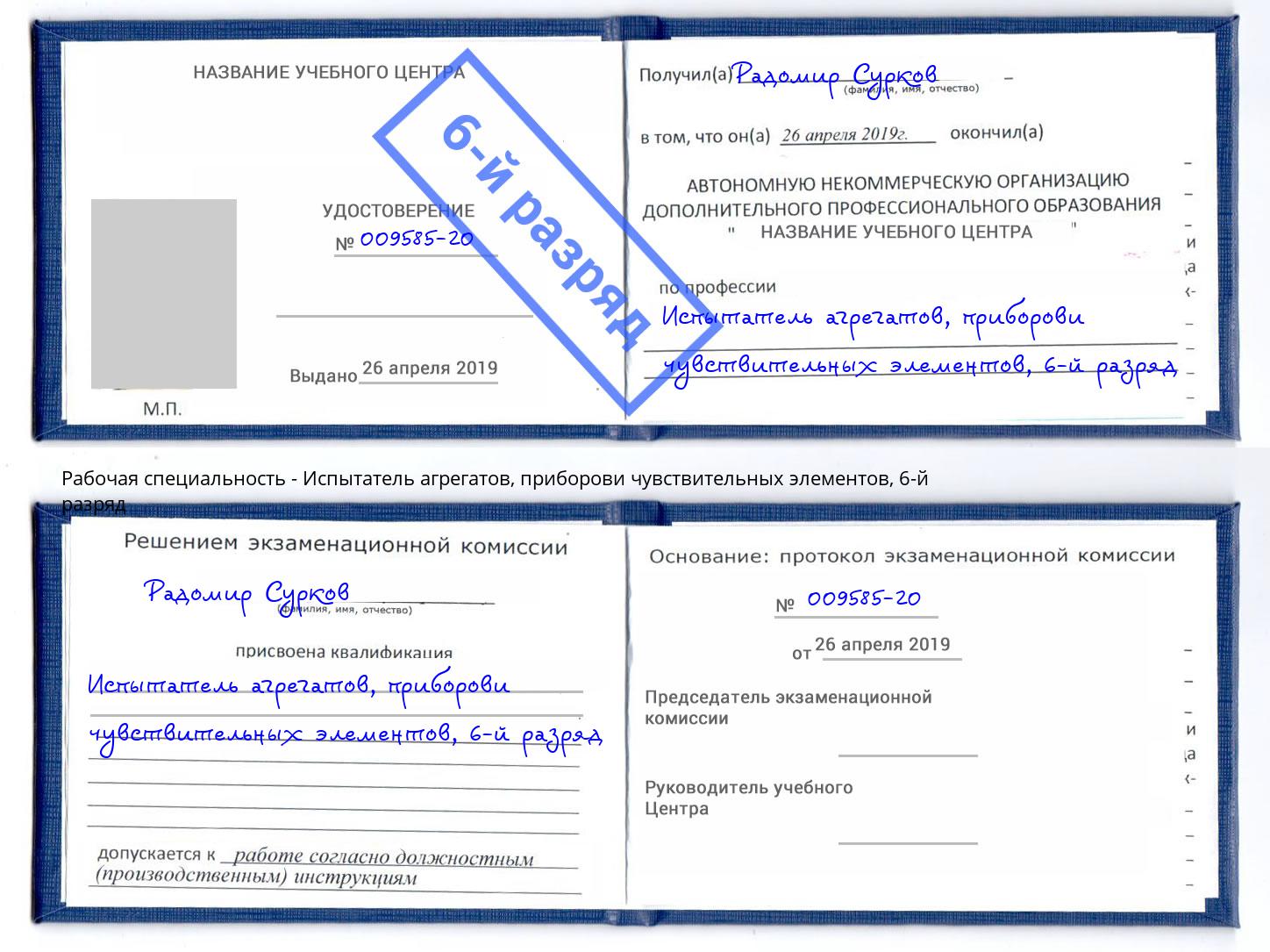 корочка 6-й разряд Испытатель агрегатов, приборови чувствительных элементов Бийск
