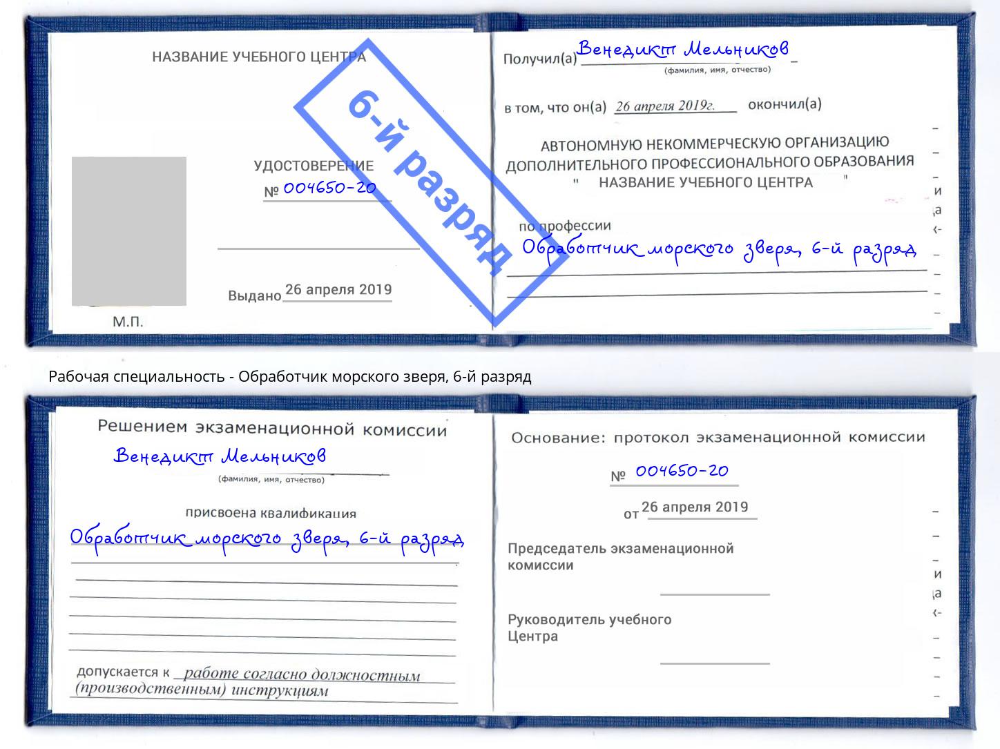 корочка 6-й разряд Обработчик морского зверя Бийск