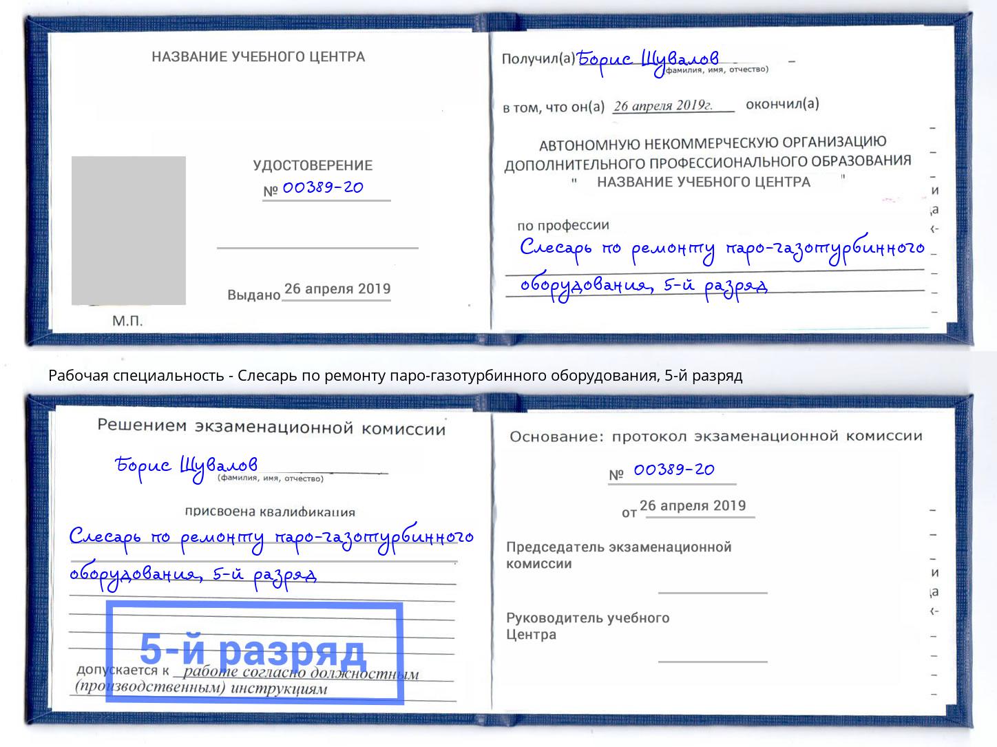 корочка 5-й разряд Слесарь по ремонту паро-газотурбинного оборудования Бийск