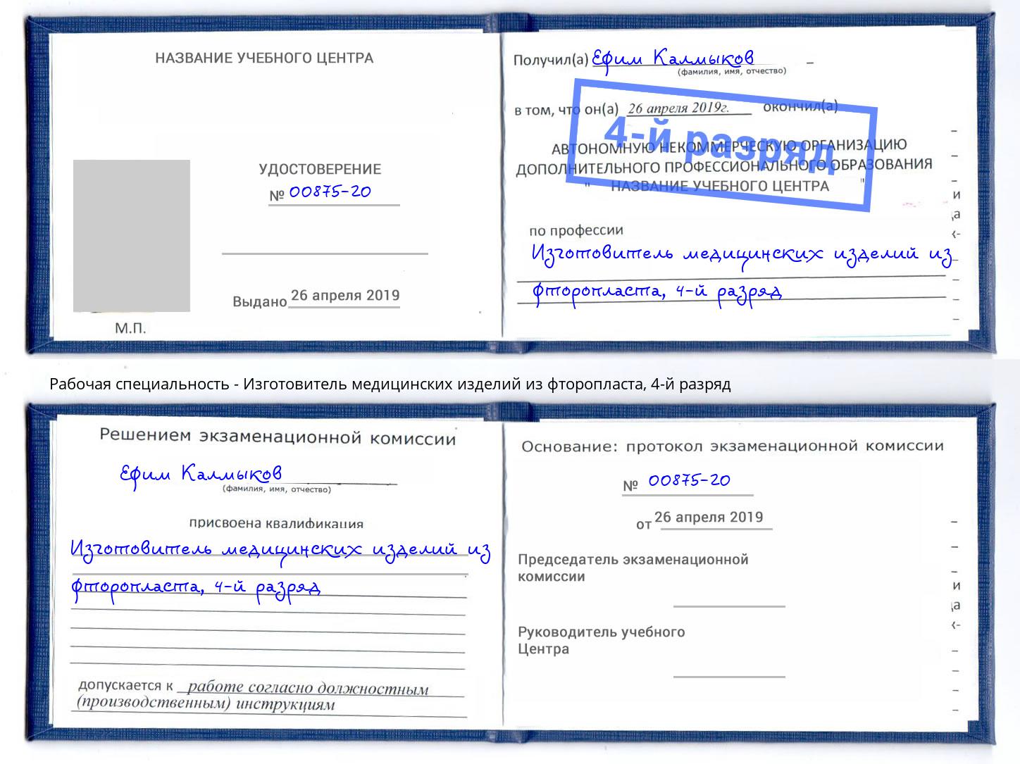 корочка 4-й разряд Изготовитель медицинских изделий из фторопласта Бийск