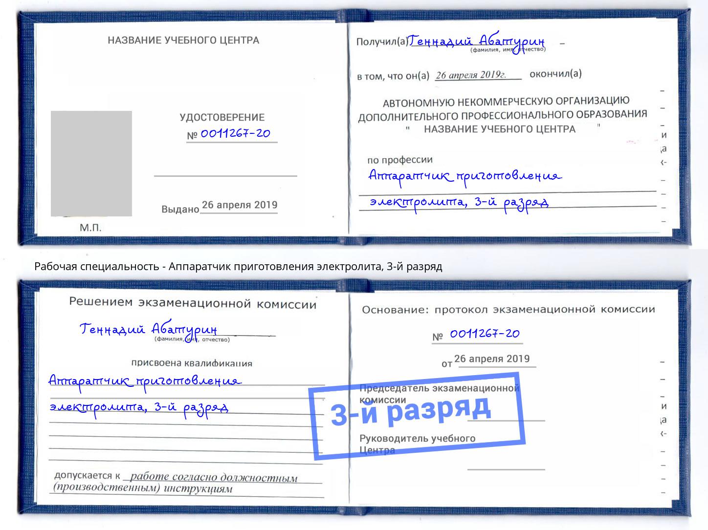 корочка 3-й разряд Аппаратчик приготовления электролита Бийск