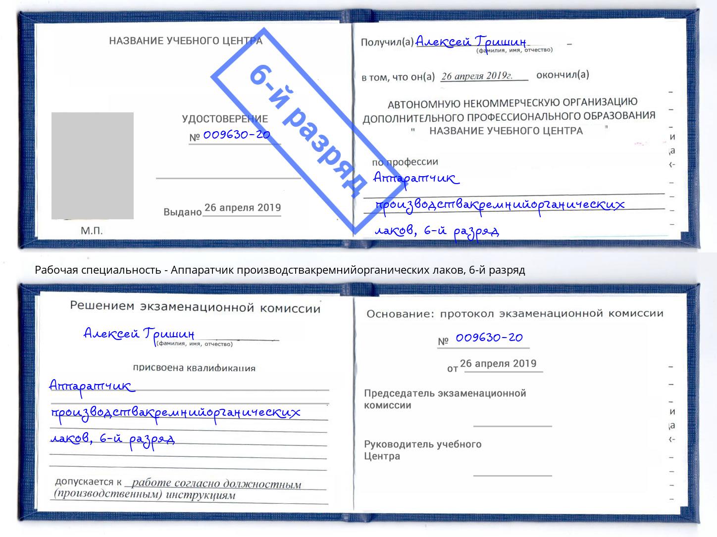 корочка 6-й разряд Аппаратчик производствакремнийорганических лаков Бийск