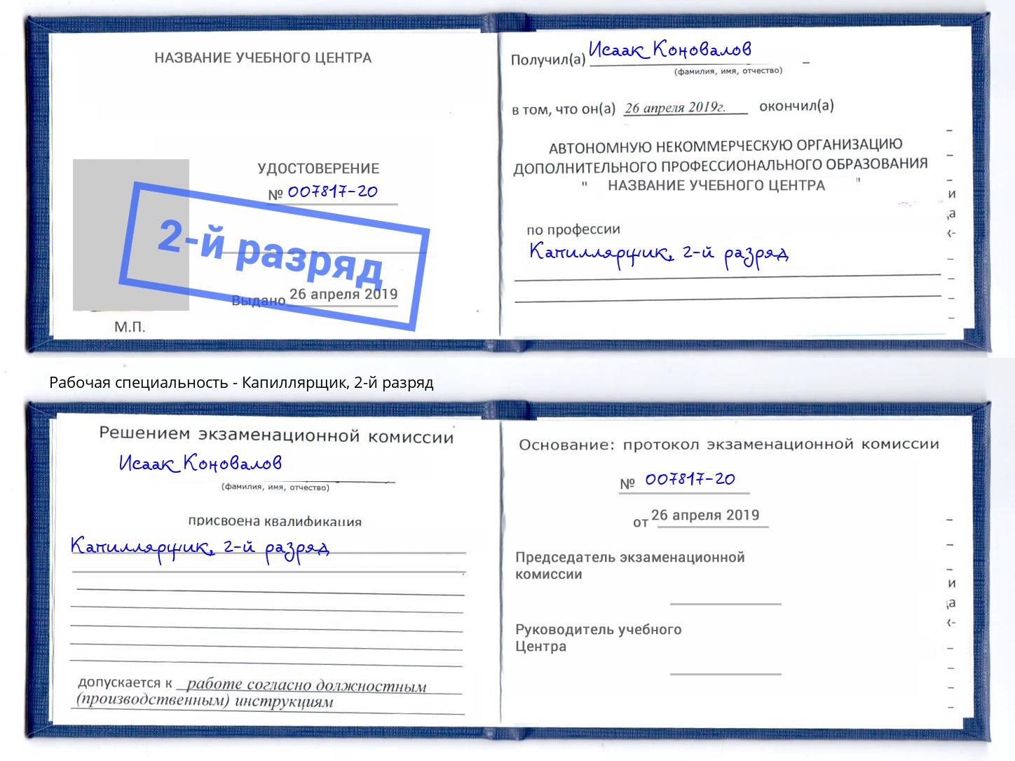 корочка 2-й разряд Капиллярщик Бийск