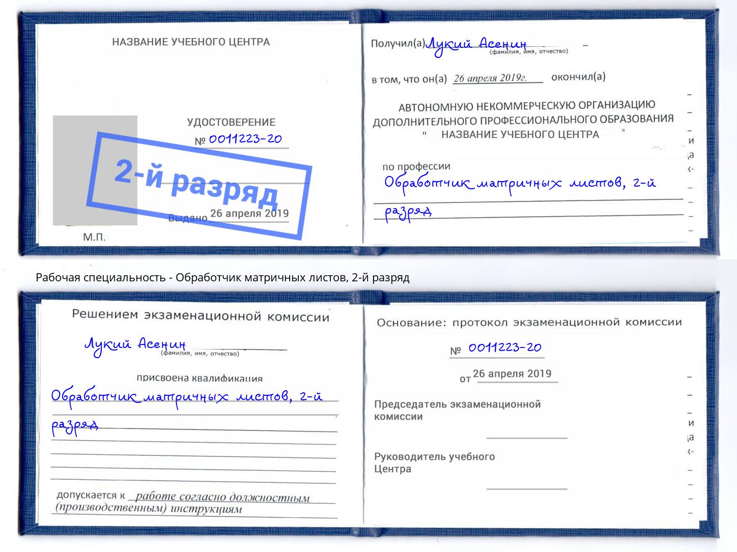 корочка 2-й разряд Обработчик матричных листов Бийск